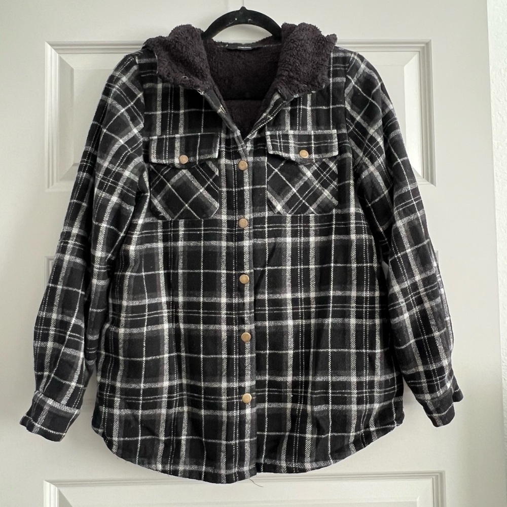 Women's Black Plaid Button Down Shirt with Hood